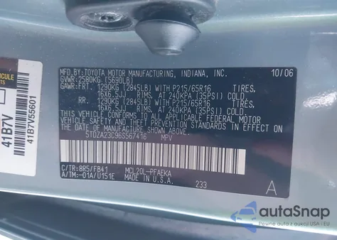 2006 Toyota Sienna Ce z USA, uszkodzony, nr VIN 5TDZA23C96S567416